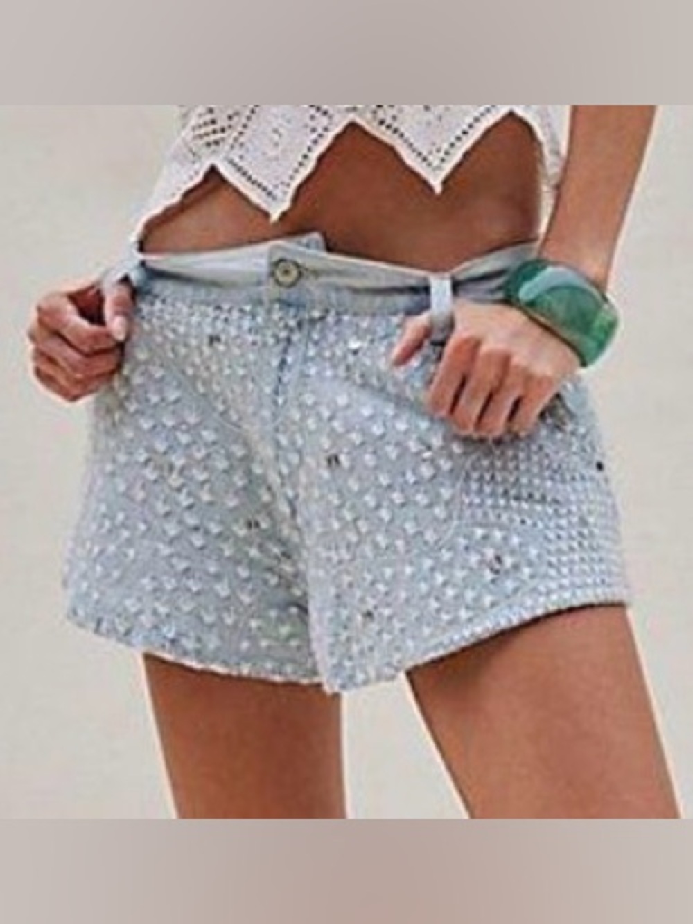 NWT! Sz 28 We The Free Light Blue Studded & embroidered Denim Shorts“Best Coast”